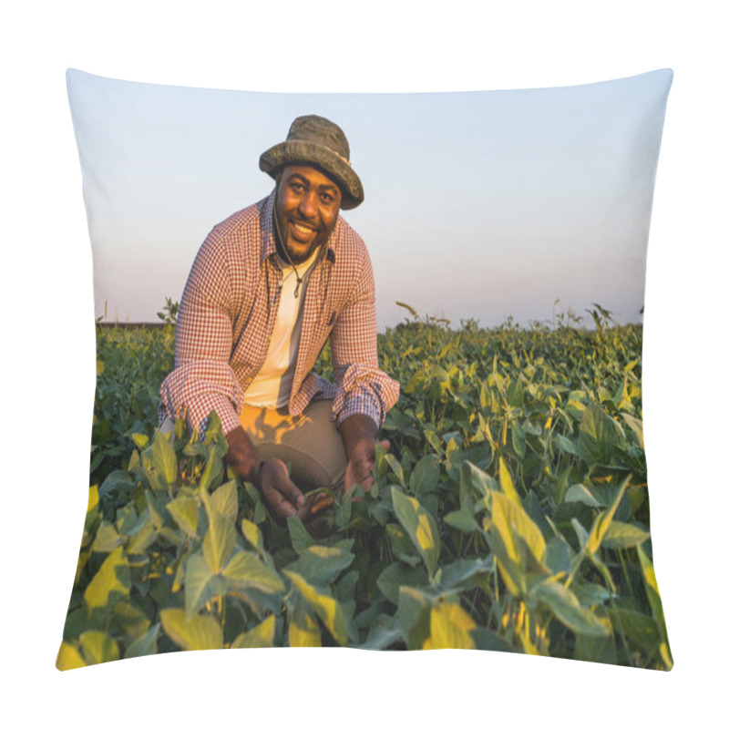 Personality  Farmer Is Standing In His Growing Soybean Field. He Is Examining Progress Of Plants. Pillow Covers