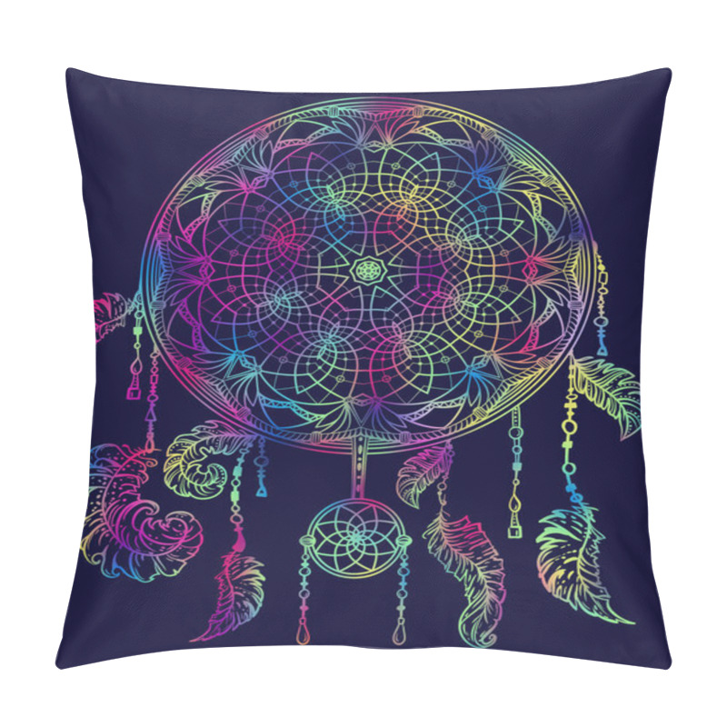 Personality  Colorful Dream Catcher With Ornament And Feathers. Design Concept For Banner, Card, T-shirt, Print, Poster. Vintage Hand Drawn Vector Illustration Pillow Covers