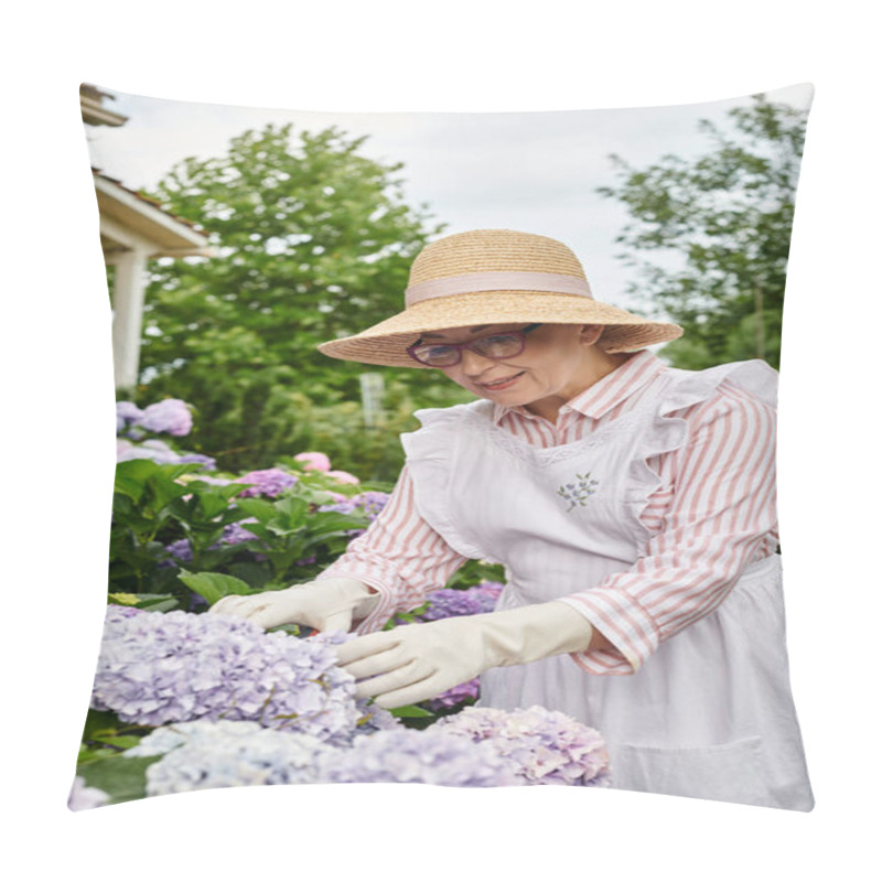 Personality  Good Looking Jolly Mature Woman With Apron And Glasses Taking Care Of Her Beautiful Hydrangea Pillow Covers