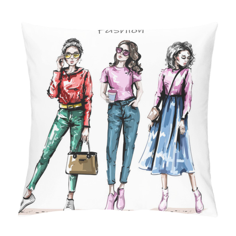 Personality  Hand Drawn Beautiful Young Women Set. Stylish Girls. Fashion Women Looks. Sketch. Vector Illustration.  Pillow Covers