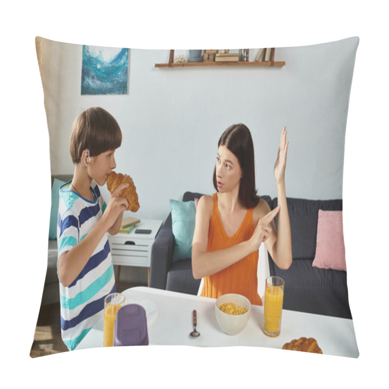 Personality  A Mother Uses Sign Language To Communicate With Her Son While Enjoying Breakfast Together. Pillow Covers