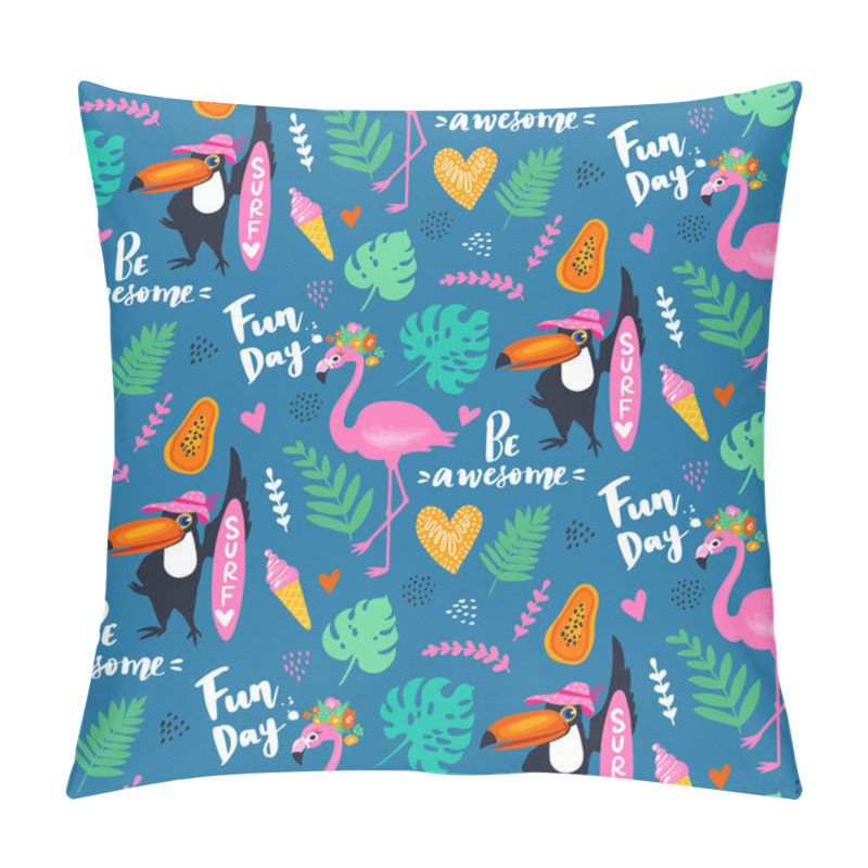 Personality  Vector Tropical Seamless Pattern With Pink Flamingo, Toucan, Tropic Leaves. Exotic Background. Pillow Covers