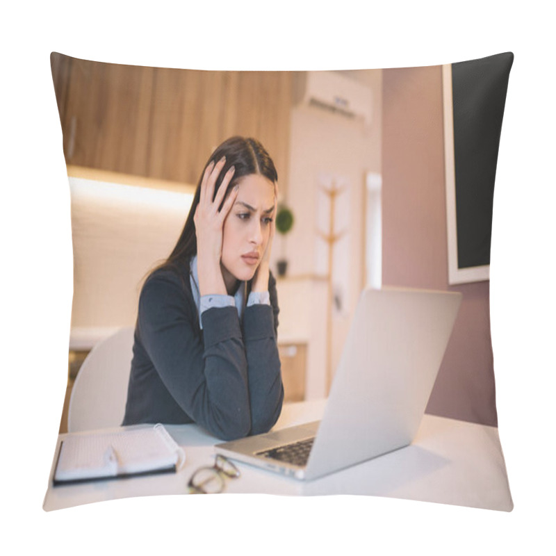 Personality  Frustrated Worried Young Woman Looks At Laptop Upset By Bad News, Teenager Feels Shocked Afraid Reading Negative Bullying Message, Stressed Girl Troubled With Problem Online Or Email Notification. Pillow Covers