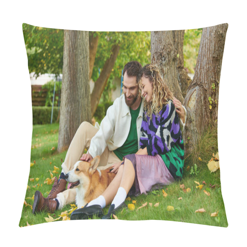 Personality  Happy Man Hugging Curly Woman In Cute Outfit While Cuddling Corgi Dog In Park, Sitting Near Tree Pillow Covers