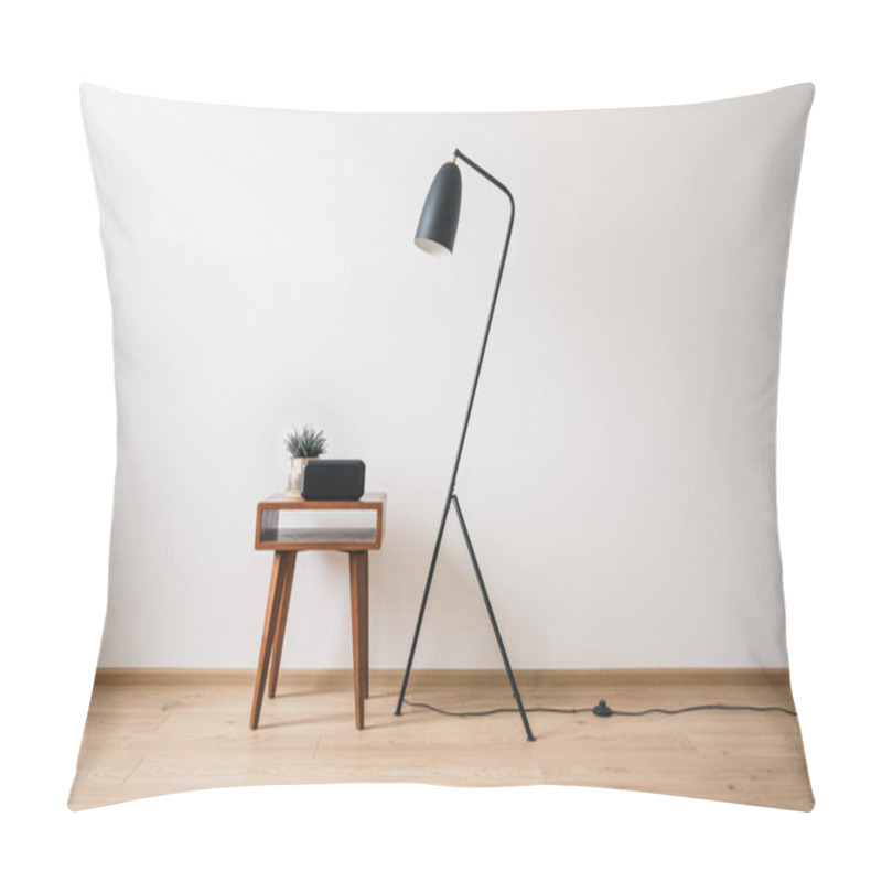 Personality  Metal Floor Lamp And Wooden Coffee Table With Plant And Clock With Blank Screen Pillow Covers