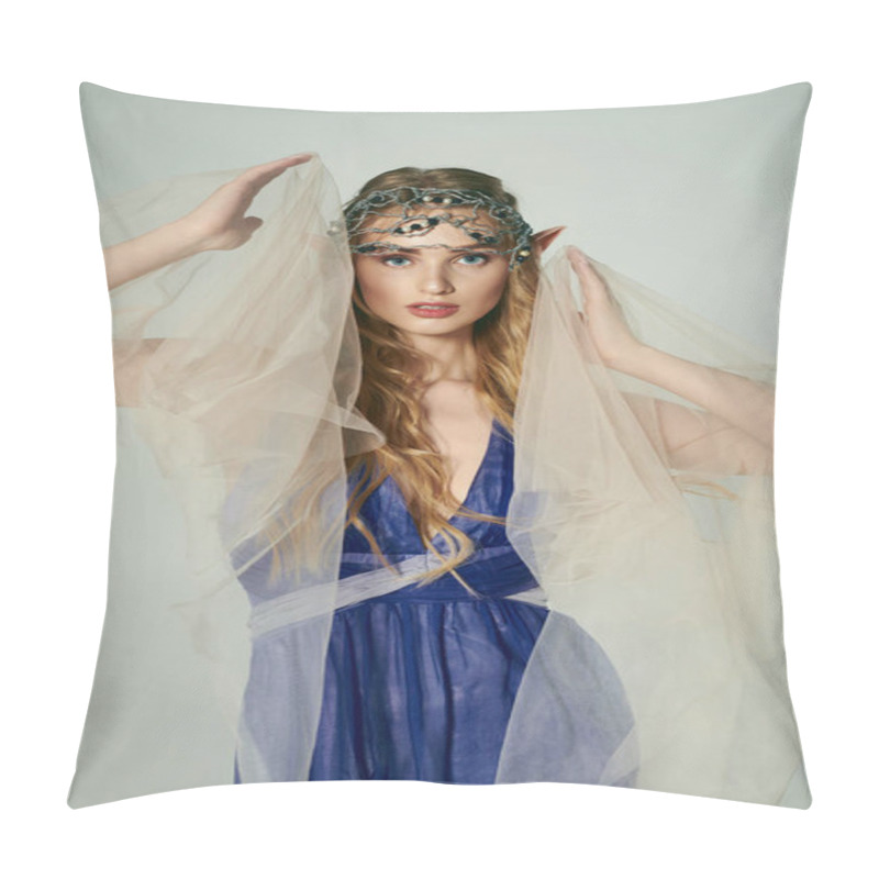 Personality  A Young Woman Exudes Elegance In A Blue Dress With A Delicate Veil Over Her Head, Embodying The Essence Of A Mystical Fairy Princess. Pillow Covers