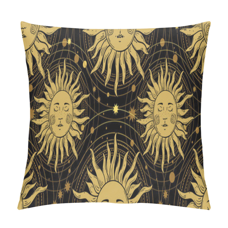 Personality  Seamless Pattern With The Golden Sun On A Black Background, Galaxies And Stars. Mystical Ornament In The Old Vintage Style. Vector Illustration. Pillow Covers