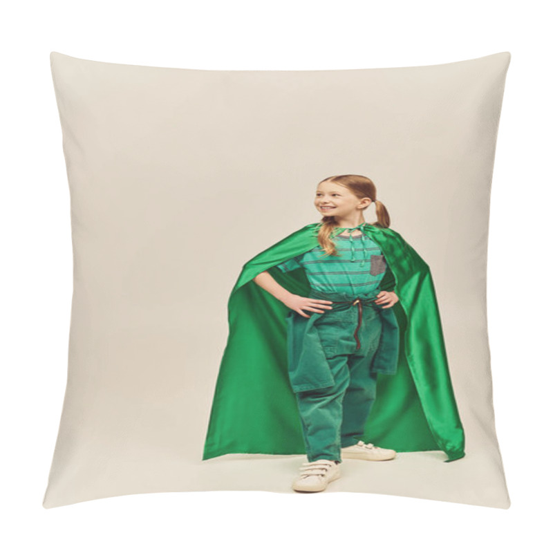 Personality  Smiling Girl In Green Superhero Costume With Cloak Wearing Pants And T-shirt And Standing With Hands On Hips While Celebrating International Children Day On Grey Background  Pillow Covers