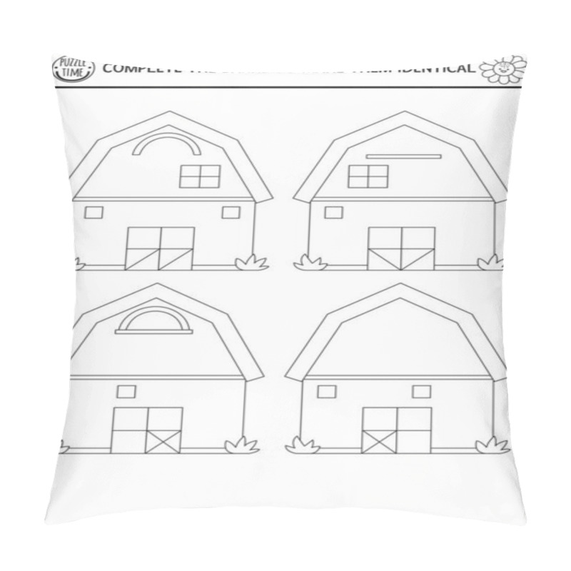 Personality  Black And White Find Differences, Logical And Drawing Game For Kids. On The Farm Educational Activity With Barn House. Complete Picture Printable Worksheet. Rural Country Puzzle Or Coloring Pag Pillow Covers