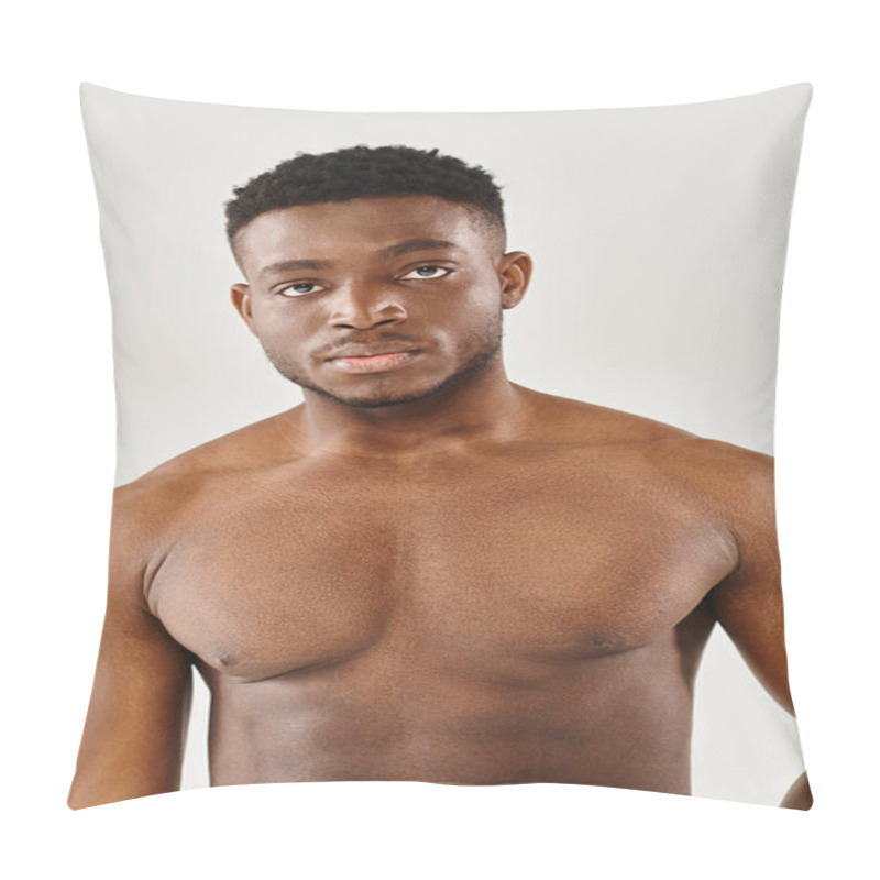 Personality  A Young, Shirtless African American Man Strikes A Pose Of Serenity In A Studio Against A Grey Background. Pillow Covers