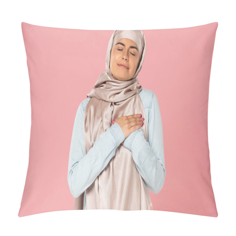 Personality  Happy Muslim Girl Holding Hands On Heart, Isolated On Pink Pillow Covers