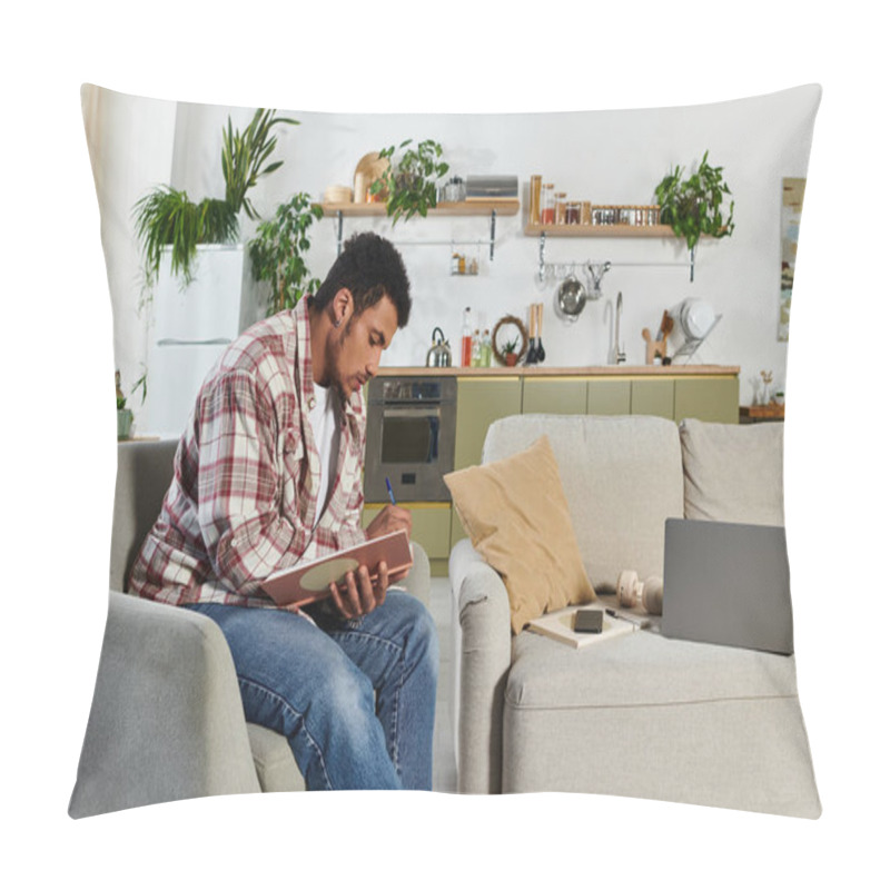 Personality  A Young Handsome Man Sits Comfortably On A Sofa, Writing Notes In A Notebook. Pillow Covers