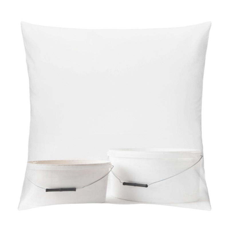 Personality  Two Plastic White Buckets With Paints Isolated On White Pillow Covers