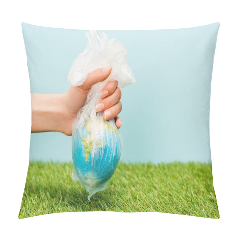 Personality  Cropped View Of Woman Holding Plastic Bag With Globe On Green And Blue, Global Warming Concept Pillow Covers