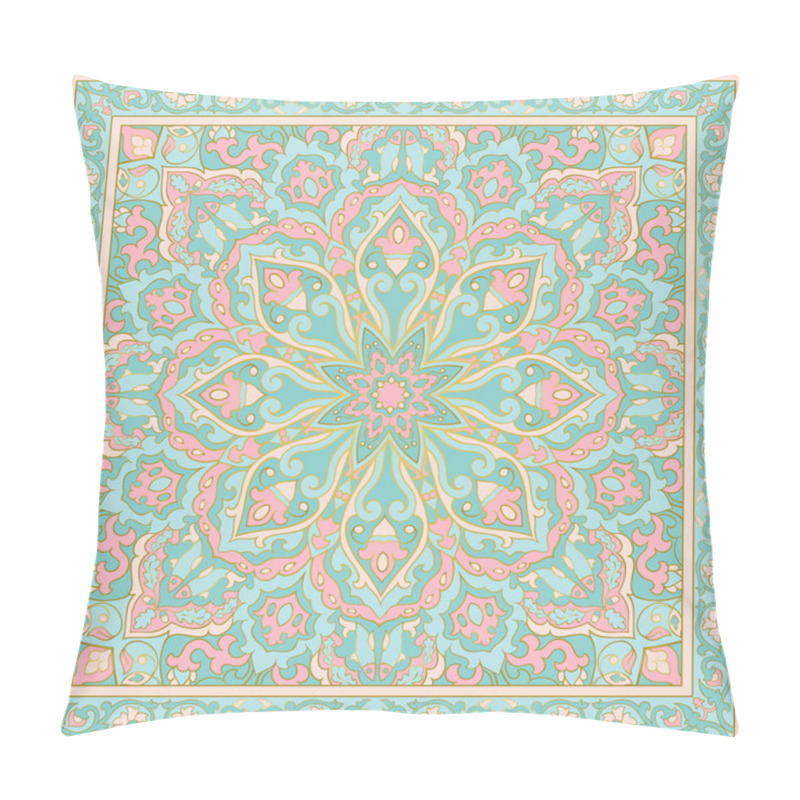 Personality  Oriental Floral Ornament With Frame. Turquoise And Pink Carpet. Template For Textile, Cushion, Shawl, Tapestry, Handkerchief.  Pillow Covers