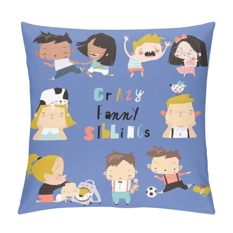 Personality  Set Of Cute Cartoon Diverse Children, Boys And Girls. Crazy Funny Siblings Pillow Covers