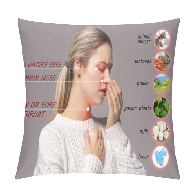 Personality  Sick Woman And List Of Allergies Symptoms And Causes On Grey Background Pillow Covers