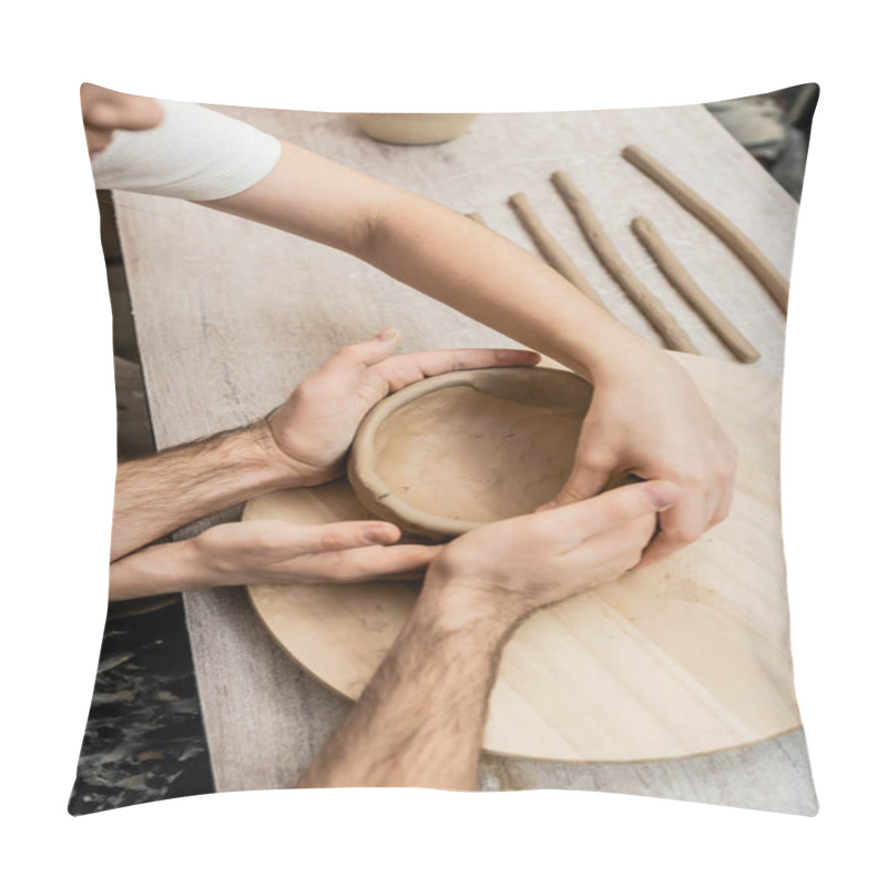 Personality  Top View Of Romantic Couple Shaping Clay Bowl Together In Ceramic Workshop Pillow Covers