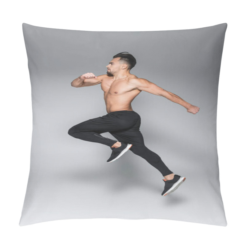 Personality  Full Length Of Bearded And Muscular Sportsman Running On Grey Pillow Covers