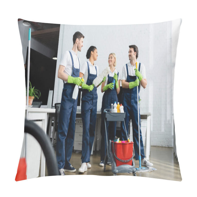 Personality  Smiling Multiethnic Cleaners Talking Near Cart With Detergents In Office  Pillow Covers