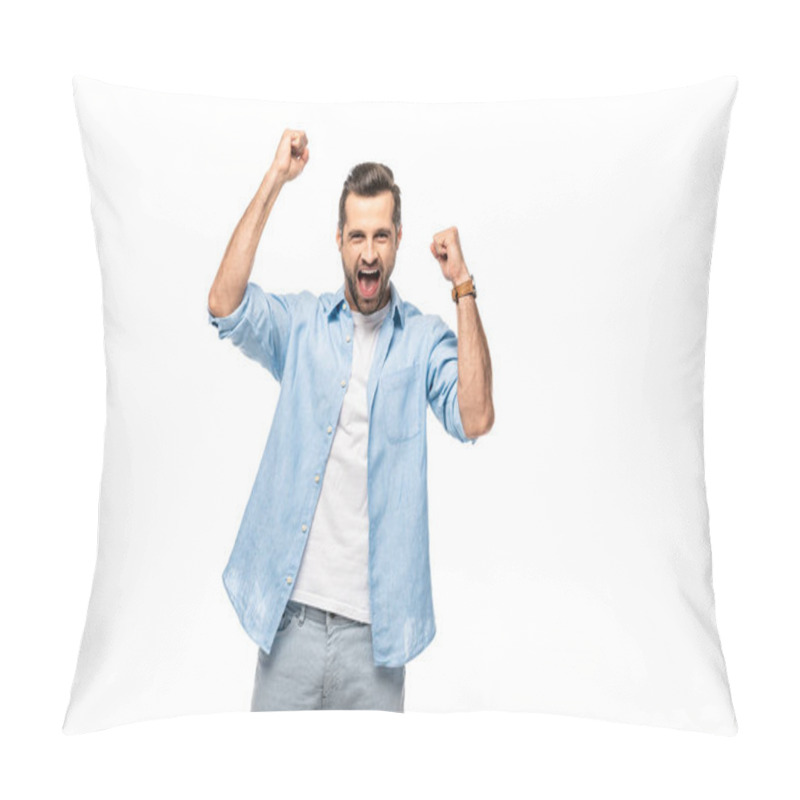 Personality  Excited Man Cheering With Clenched Fists Isolated On White Pillow Covers