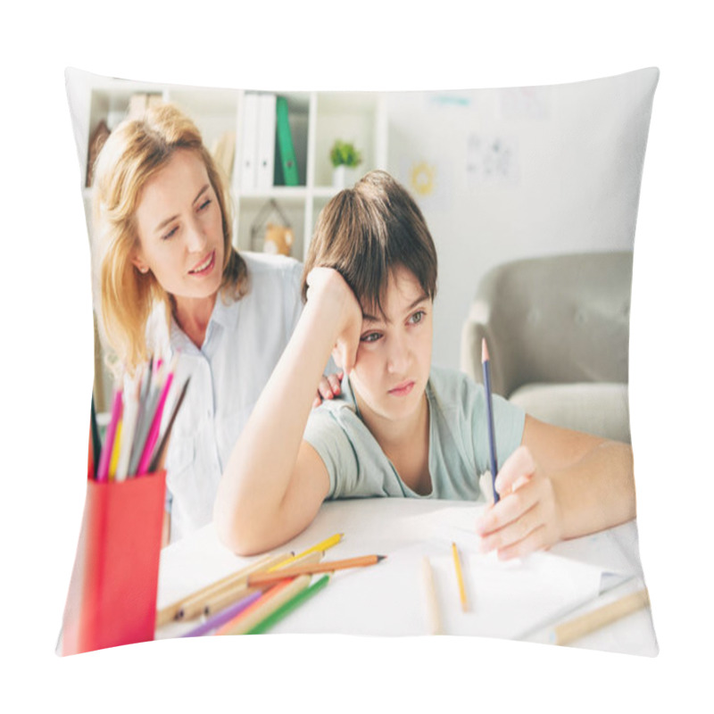 Personality  Sad Kid With Dyslexia Holding Pencil And Smiling Child Psychologist Looking At Him  Pillow Covers