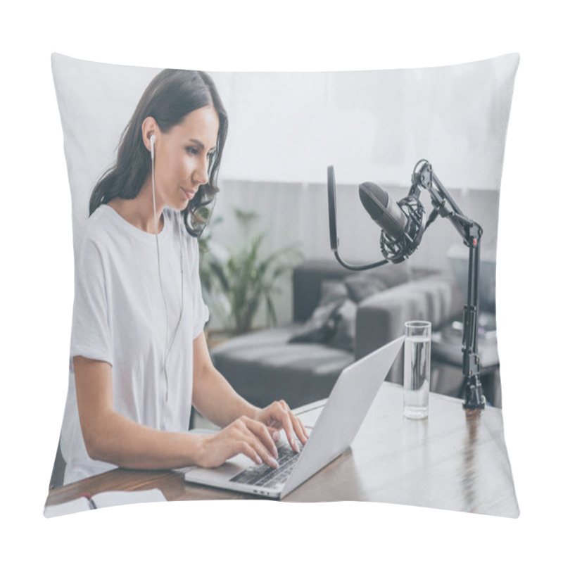 Personality  Pretty Radio Host In Earphones Using Laptop While Sitting At Workplace Near Microphone Pillow Covers