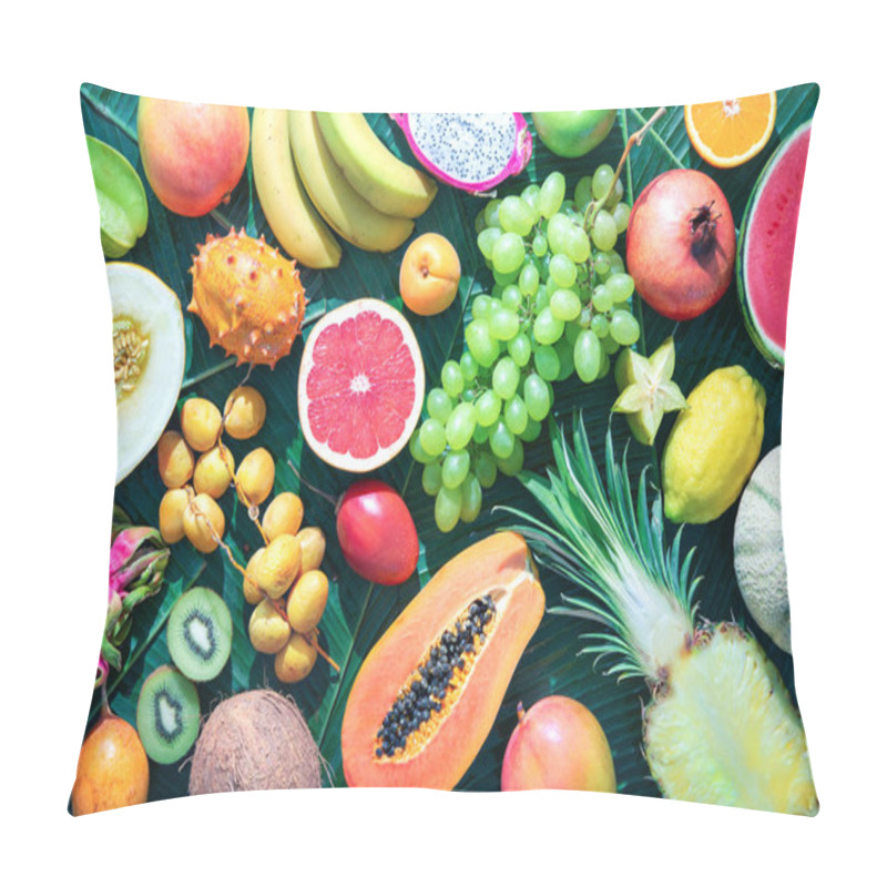 Personality  Assortment Of Tropical Fruits On Leaves Of Palm Trees. Top View Pillow Covers