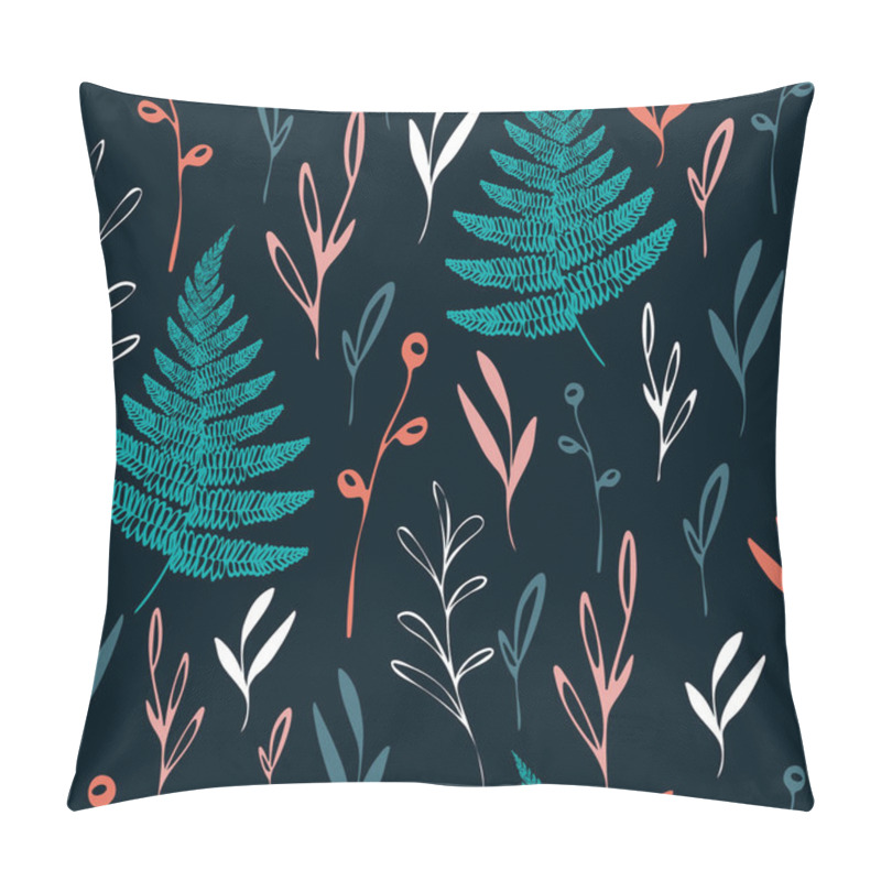 Personality  Forest Natural Pattern With Fern And Leaves On Dark Background. Hand-drawn Botanic Doodles And Sketches Of Herbarium. Autumn Plants Silhouettes Vector Illustration. Pillow Covers