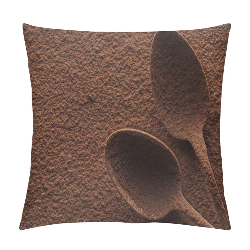 Personality  Top View Of Spoons With Cocoa Powder On Cocoa Background Pillow Covers