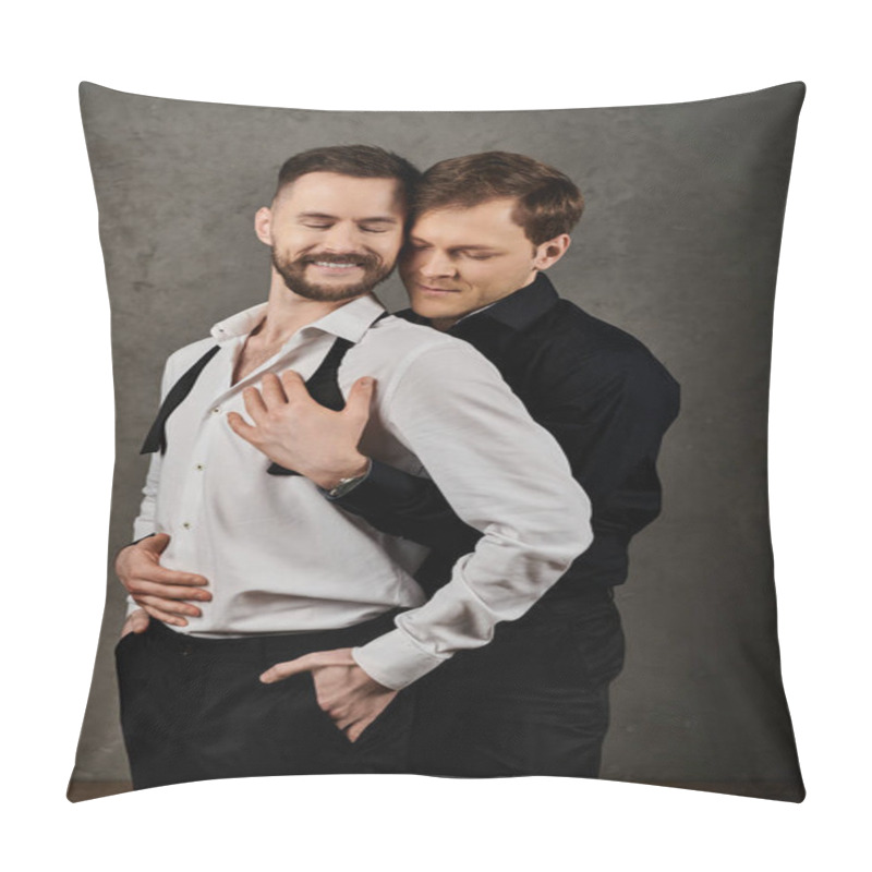 Personality  Two Men In Dapper Suits Embrace Lovingly In A Studio Setting. Pillow Covers