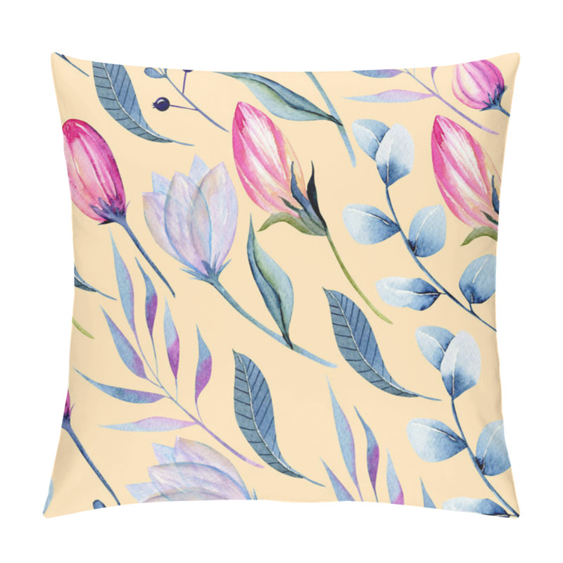 Personality  Watercolor Floral Buds And Branches In Pink And Blue Shades Seamless Pattern, Hand Painted On A Creamy Background Pillow Covers