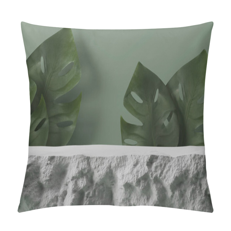 Personality  3D Grey Stone Pedestal, Display With Monstera Palm Leaves. White Rock Step Podium, Jungle Summer Exotic Background.  Natural Beauty Abstract Trendy Tropical Leaf. 3D Render Illustration Banner Mockup  Pillow Covers