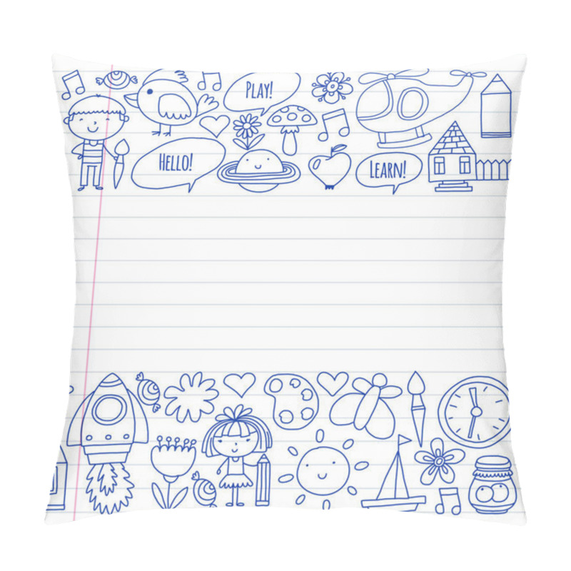 Personality  Vector Pattern With Little Children. Kindergarten, Play And Grow Together. Icons Of Toys And Kids In Doodle Style Pillow Covers