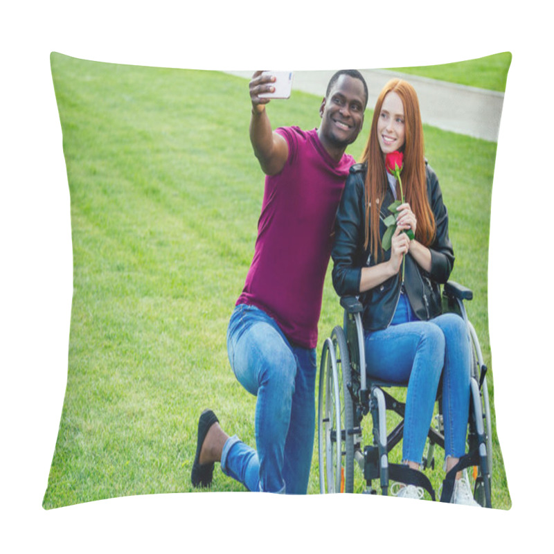 Personality  Afro American Man Sitting On Wheelchair ,his Redhaired Ginger Girlfriend Rolling Stroller In Autumn Park. Having Romantic Date.making A Selfie On Camera Smartphone Pillow Covers