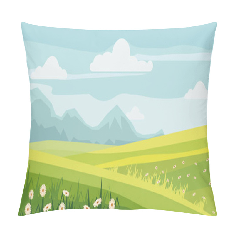 Personality  Cute Rural Landscape Tree, Field, Daisy Flowers, Cartoon Style, Vector, Illustration, Isolated Pillow Covers