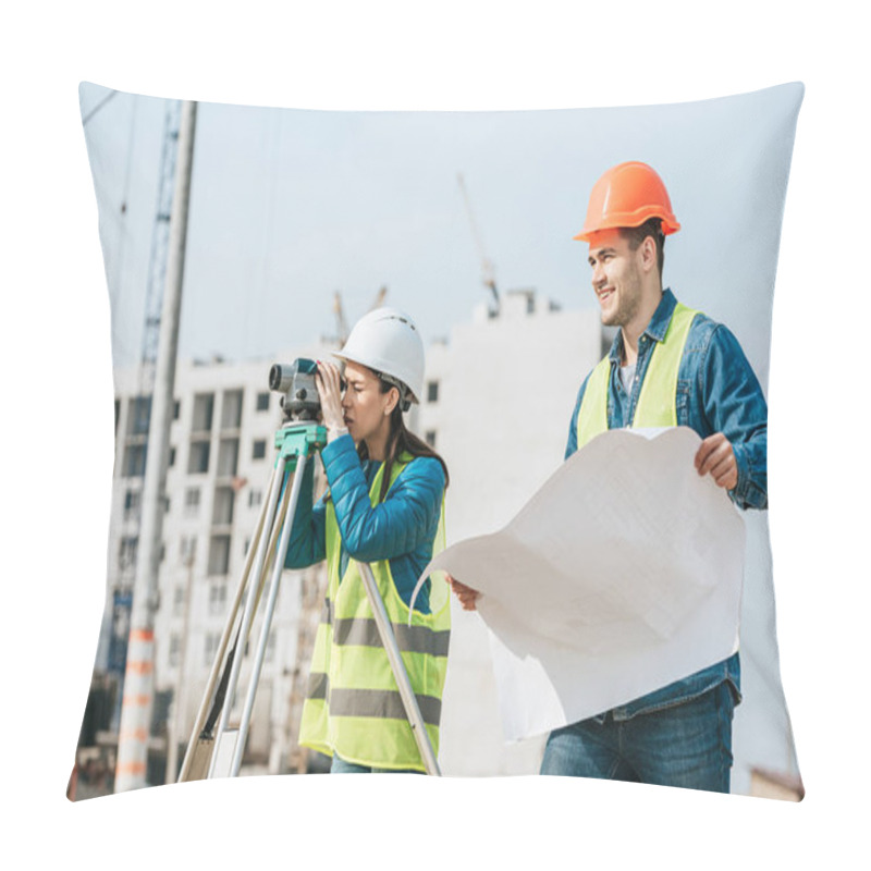 Personality  Smiling Surveyor With Blueprint And Colleague With Digital Level Pillow Covers