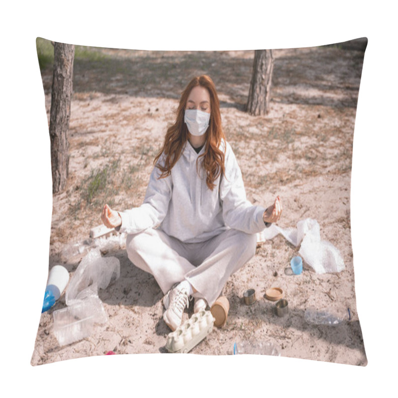 Personality  Young Woman In Medical Mask Meditating Near Trash On Ground Pillow Covers