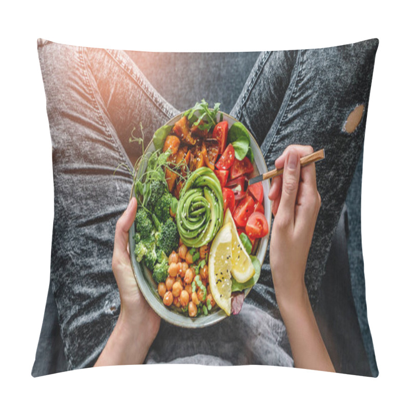 Personality  Woman In Jeans Holding Buddha Bowl With Salad, Baked Sweet Potatoes, Chickpeas, Broccoli, Greens, Avocado, Sprouts In Hands. Healthy Vegan Food, Clean Eating, Dieting, Top View Pillow Covers