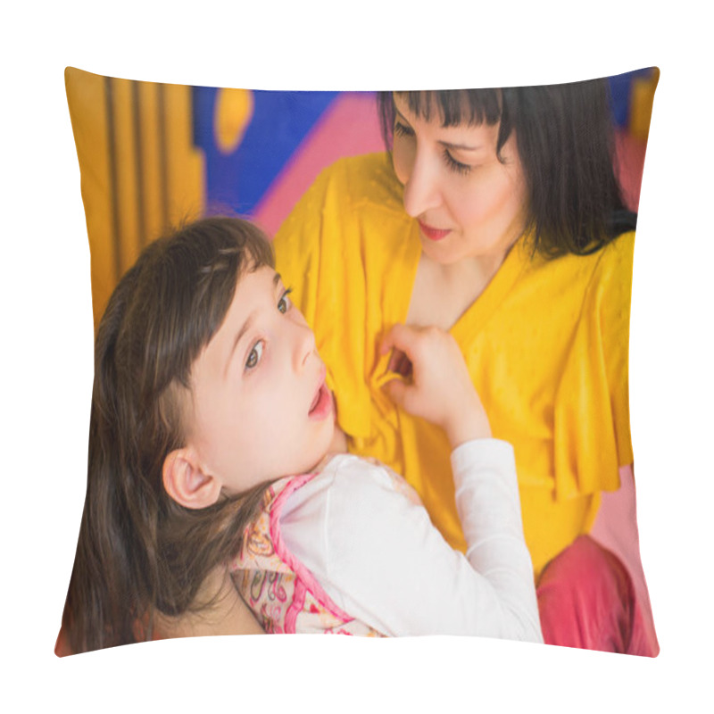 Personality  Portrait Of Little Charming Disabled Girl Who Lying In Her Mother's Arms In The Room Pillow Covers