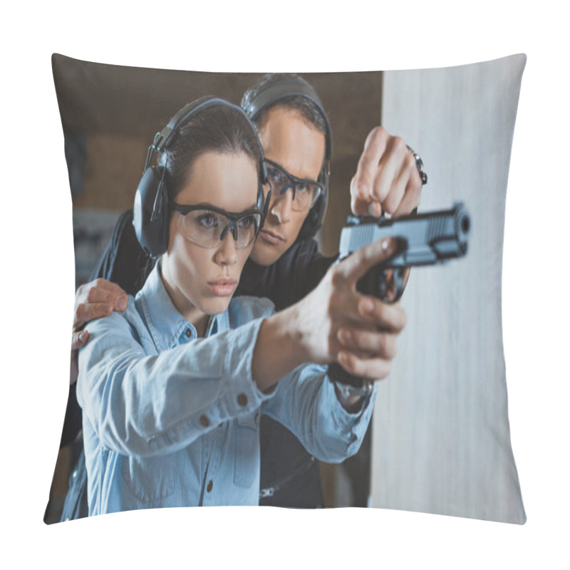 Personality  Instructor Helping Customer In Shooting Gallery Pillow Covers