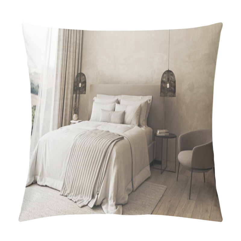 Personality  Inviting Bedroom Design Offering A Serene Retreat With Comfortable Bedding, Elegant Pendant Lights, And A Breathtaking Scenic View Pillow Covers