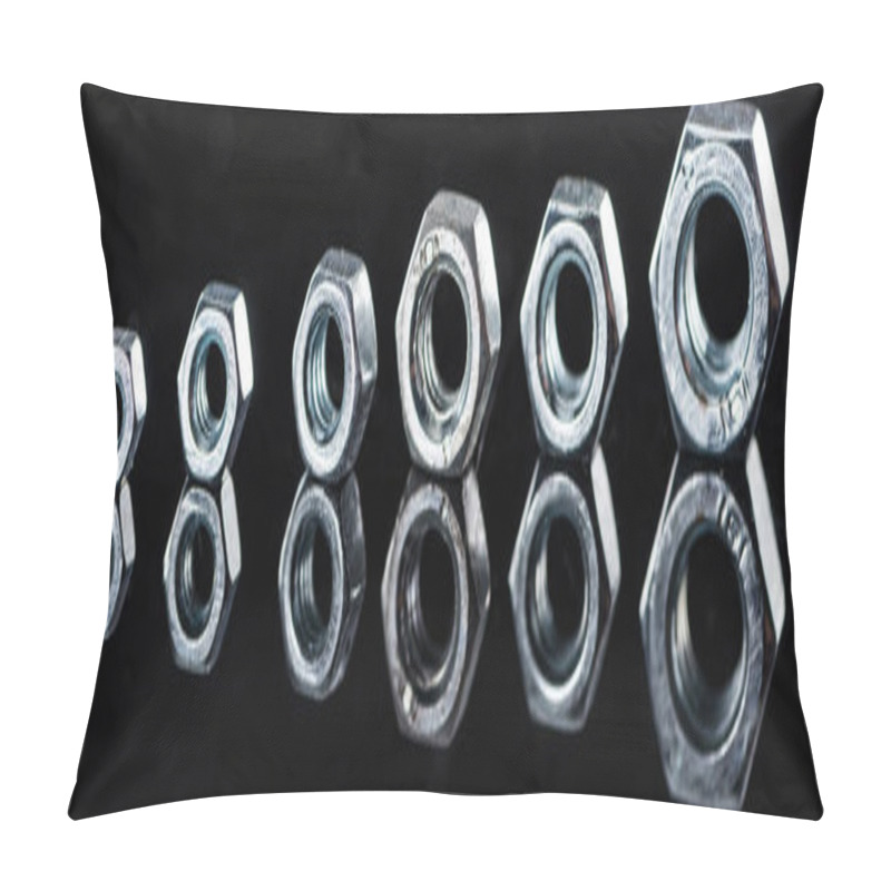 Personality  Panoramic Shot Of Shiny New Metallic Nuts Isolated On Black Pillow Covers