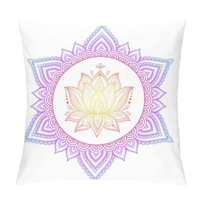 Personality  Circular Pattern In Form Of Mandala With Lotus Flower For Henna, Mehndi, Tattoo, Decoration. Decorative Ornament In Ethnic Oriental Style. Rainbow Design On White Background. Pillow Covers