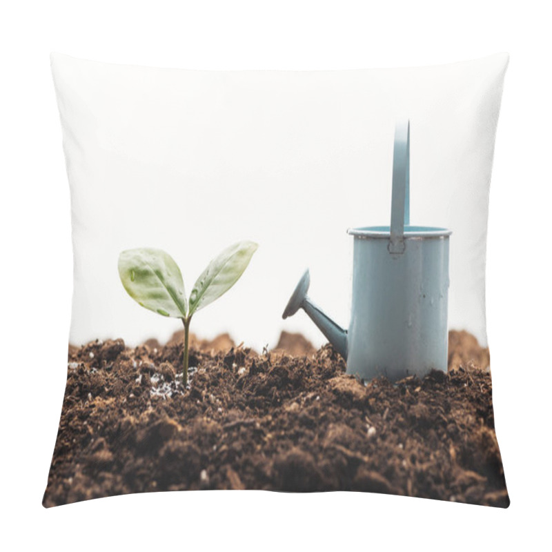 Personality  Toy Watering Can Near Small Green Plant Isolated On White Pillow Covers