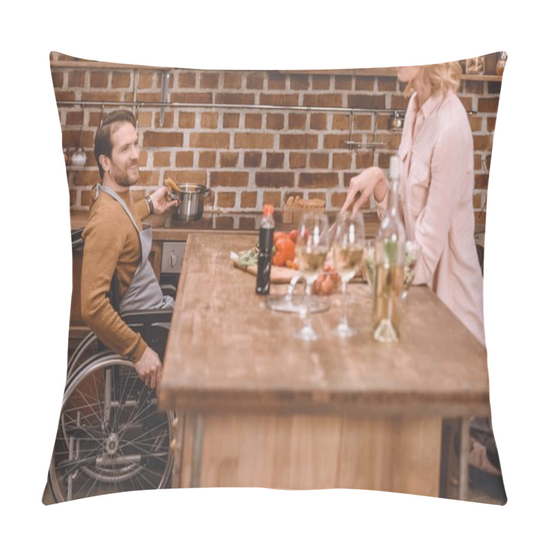 Personality  Cropped Shot Of Woman With Man In Wheelchair Cooking Dinner Together At Home  Pillow Covers