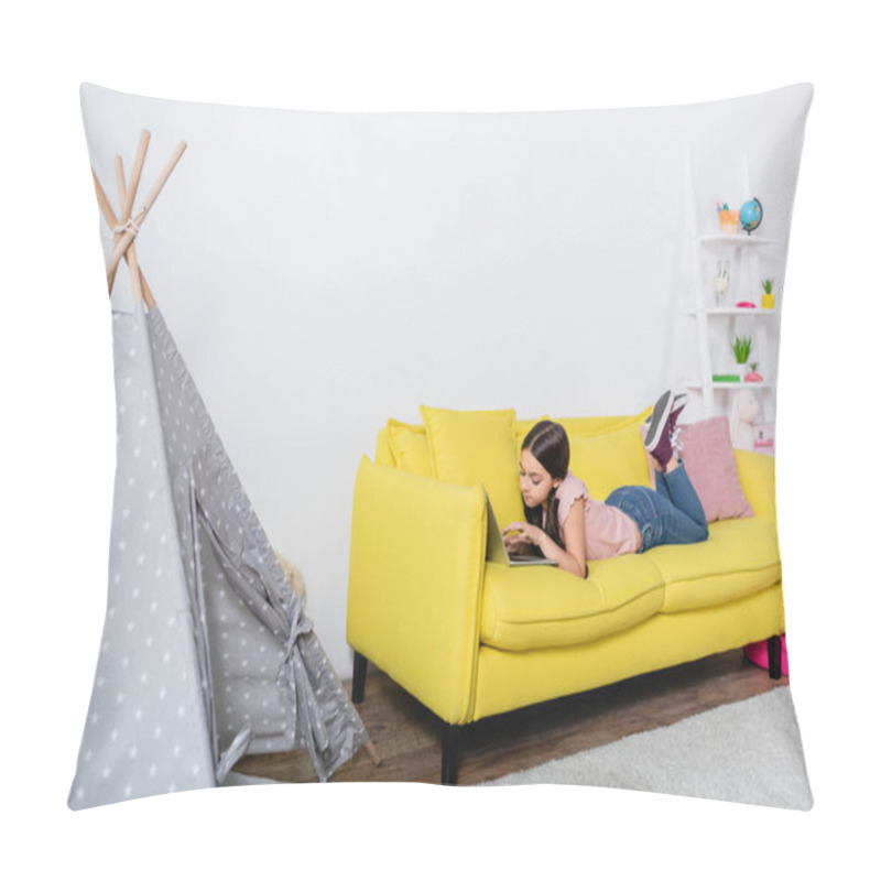 Personality  Preteen Girl Lying On Couch And Using Laptop In Modern Living Room  Pillow Covers