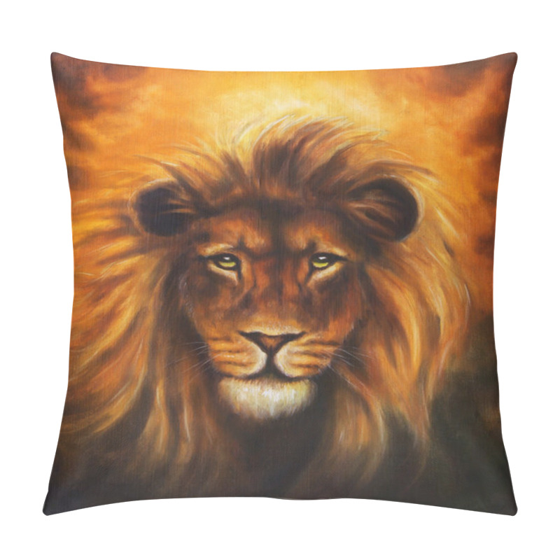 Personality  Lion Close Up Portrait, Lion Head With Golden Mane, Beautiful Detailed Oil Painting On Canvas, Eye Contact Pillow Covers