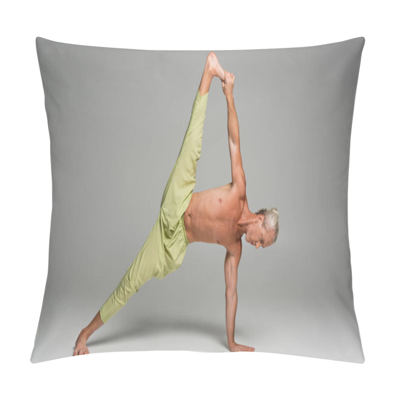 Personality  Full Length Of Barefoot Man In Pants Doing Side Plank Yoga On Grey Background  Pillow Covers