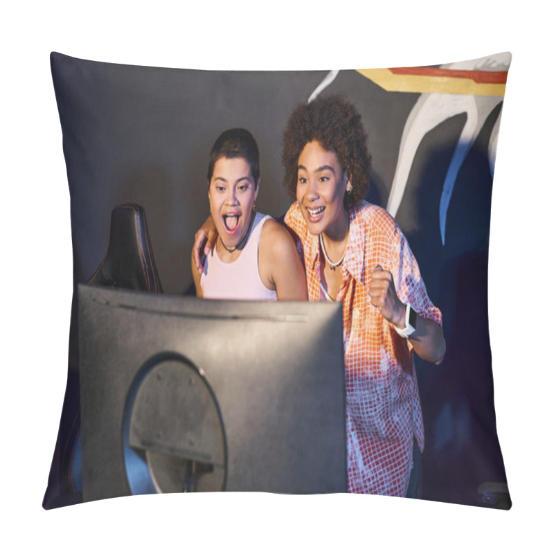 Personality  Interracial And Happy Friends Looking At Computer Monitor And Celebrating Victory, Cybersport Pillow Covers